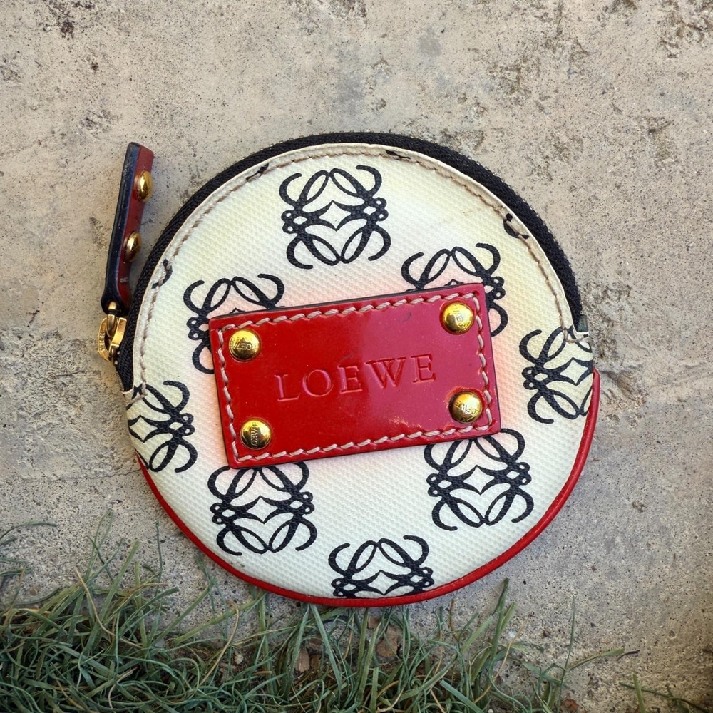 LOEWE Anagram Monogram Round Coin Purse Pouch Red Leather Accent RARE Japan